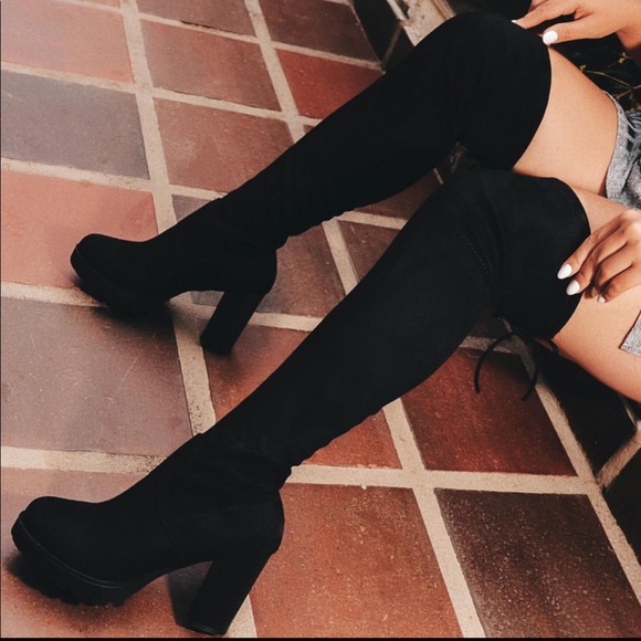 Shoes - Over-the-Knee Black Platform Heel Boots